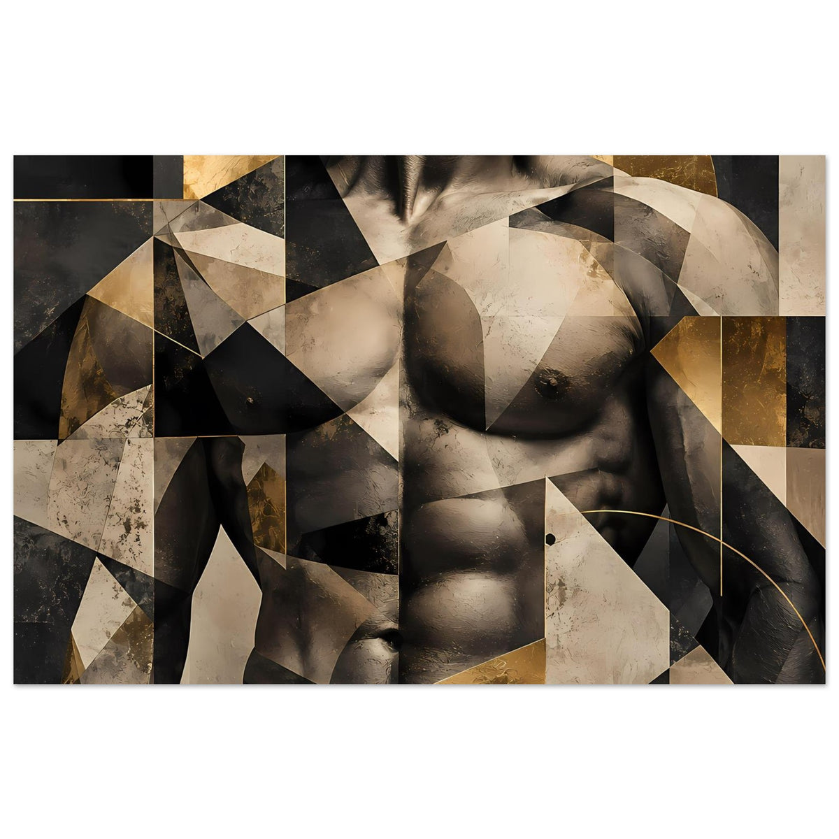 Abstraktes Aktkunst-Poster mit geometrischen Formen in Schwarz, Beige und Gold, horizontal