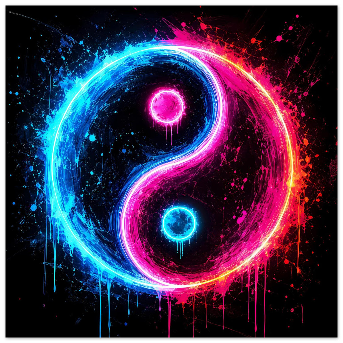 Neonblaues und pinkes Yin-Yang-Leuchtposter mit abstrakten Farbspritzern, quadratisch
