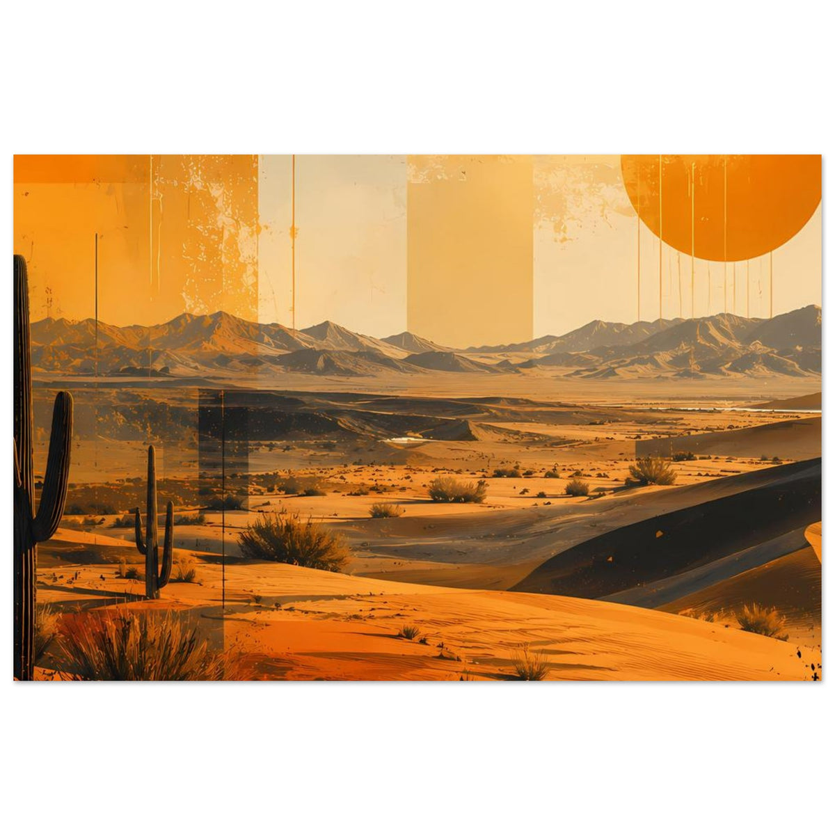 Wüsten-Retroposter horizontal: orange Sonne, Kakteen, Dünen und Bergkette