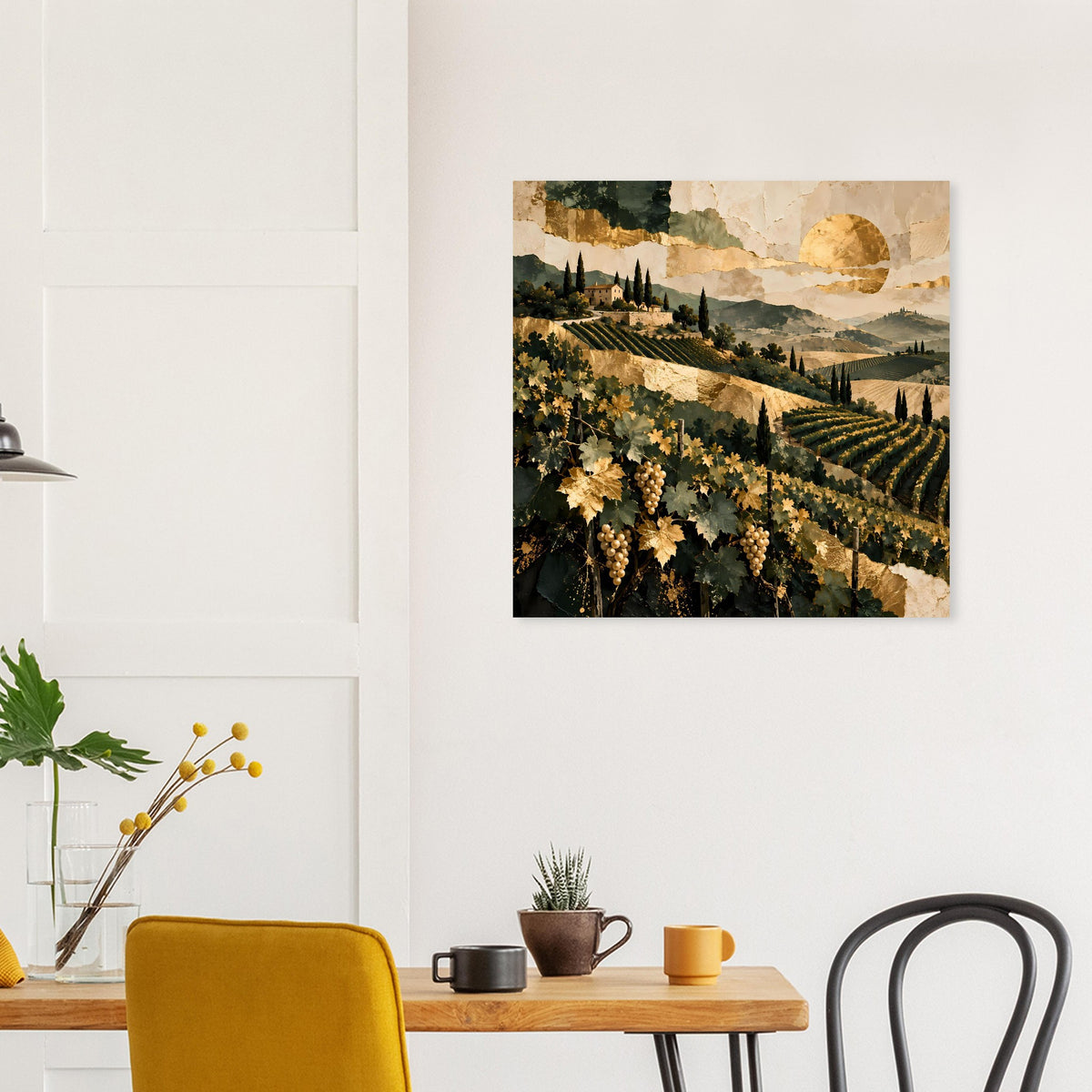 Gerahmtes quadratisches Landschaftsposter mit Weinreben, Hügeln und ruhigem Abendhimmel