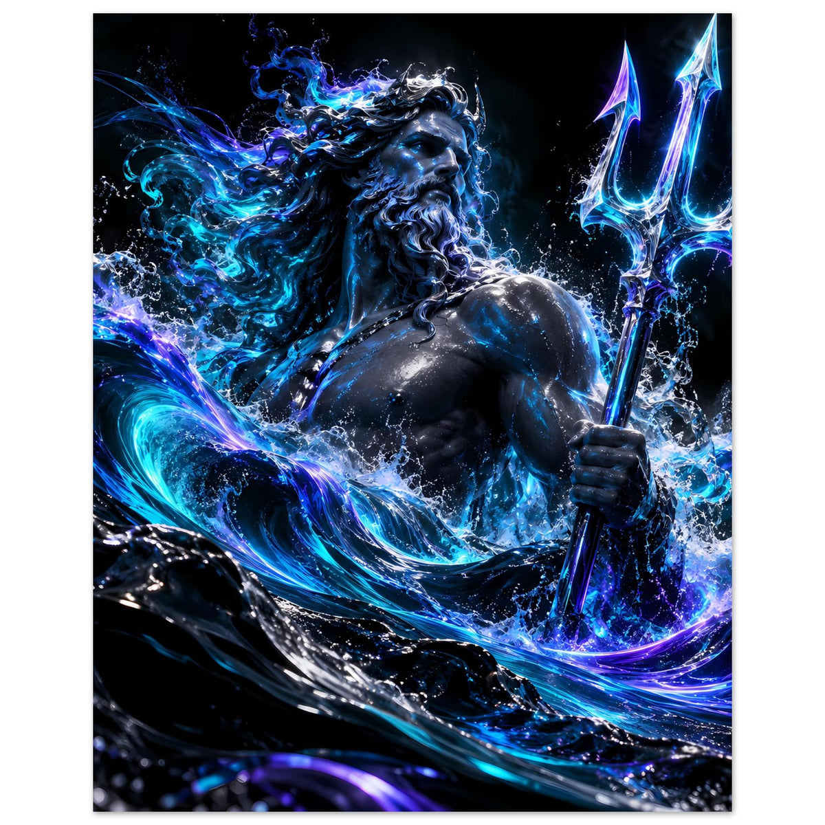 Hochformat-Poster: Poseidon mit langem Haar, Meerenergie in Ozeanblau, Dreizack