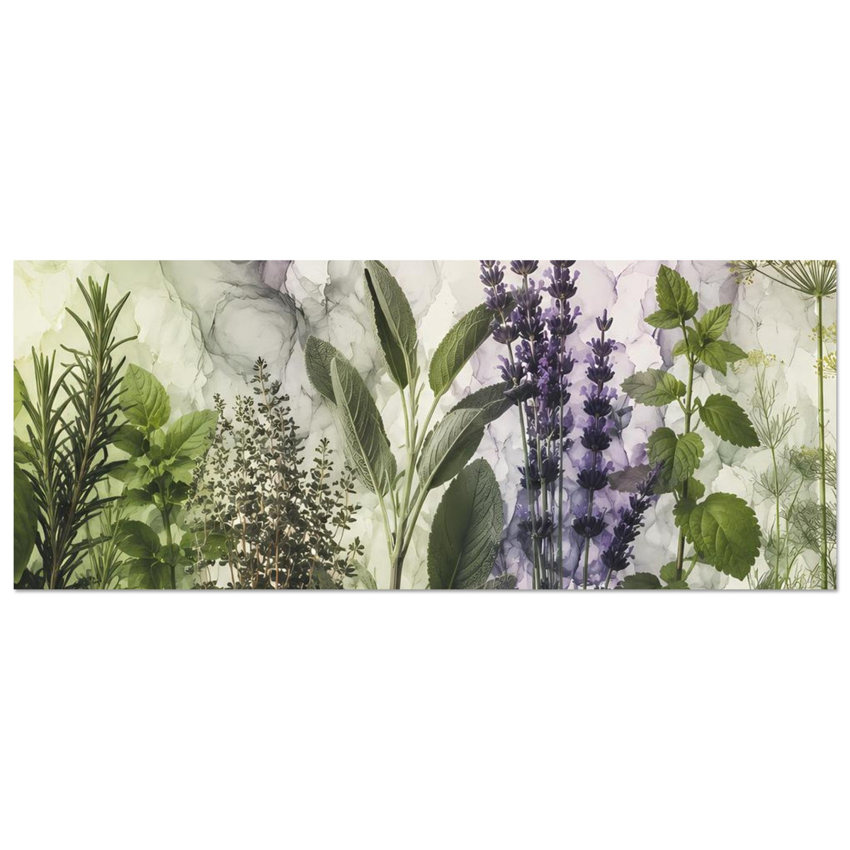 Horizontales botanisches Poster mit Lavendel-Ähren und grünen Pflanzenblättern