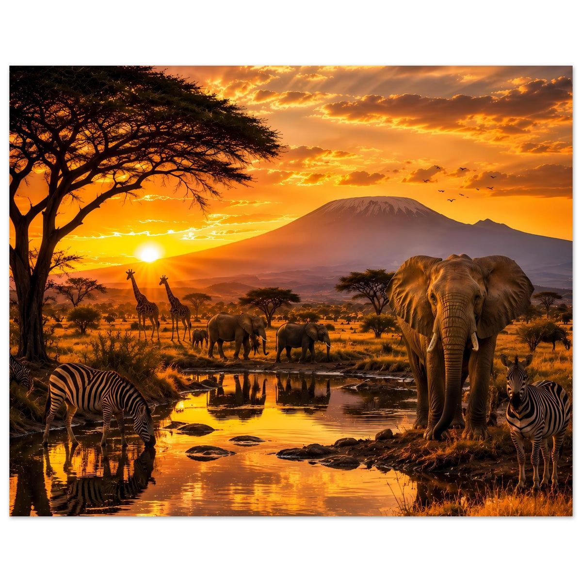 Querformatiges Poster: Elefant rechts vorn, Zebras links unten, Tiere im Sonnenuntergang
