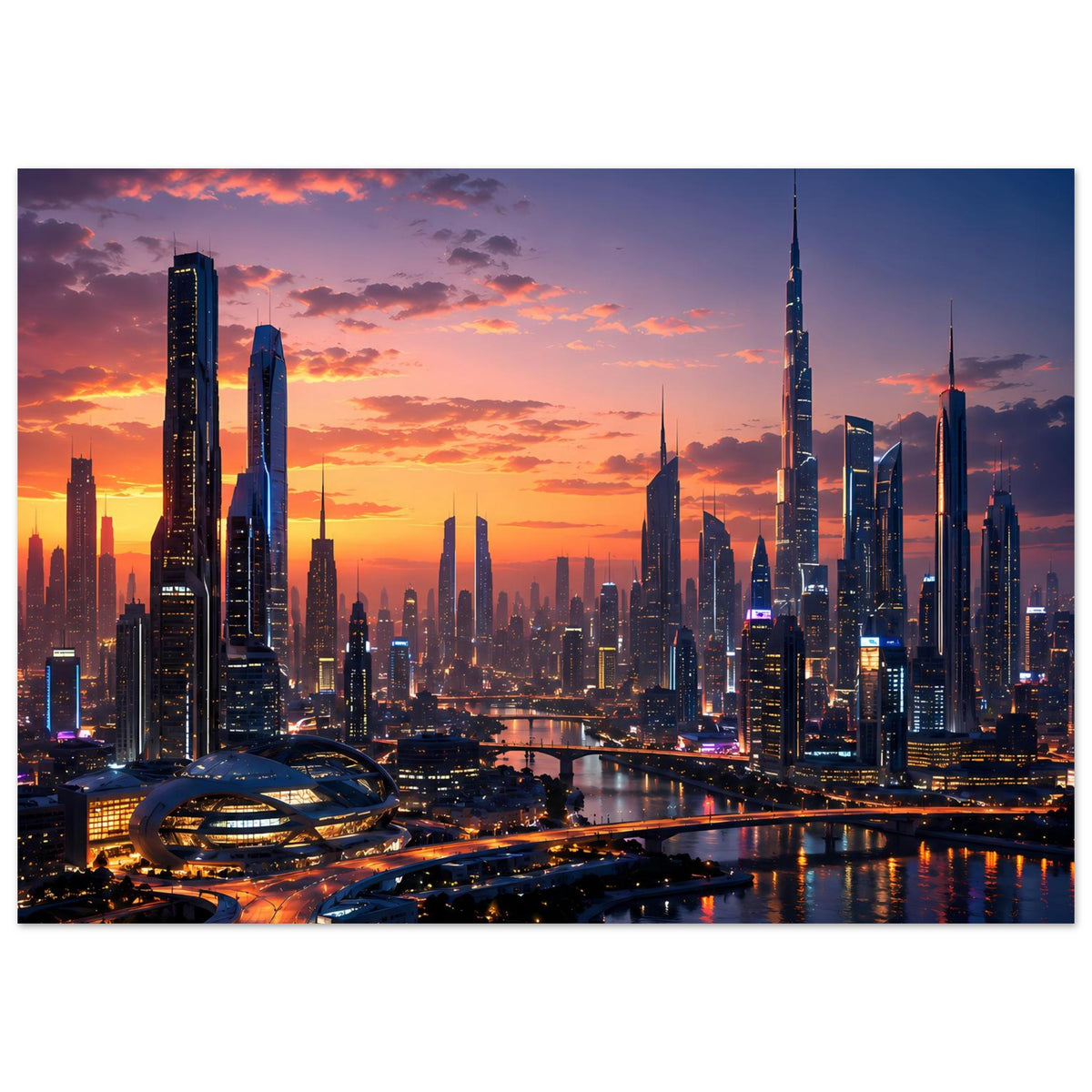 Poster im Querformat mit Stadt-Skyline bei Sonnenuntergang und spiegelndem Fluss im Vordergrund.