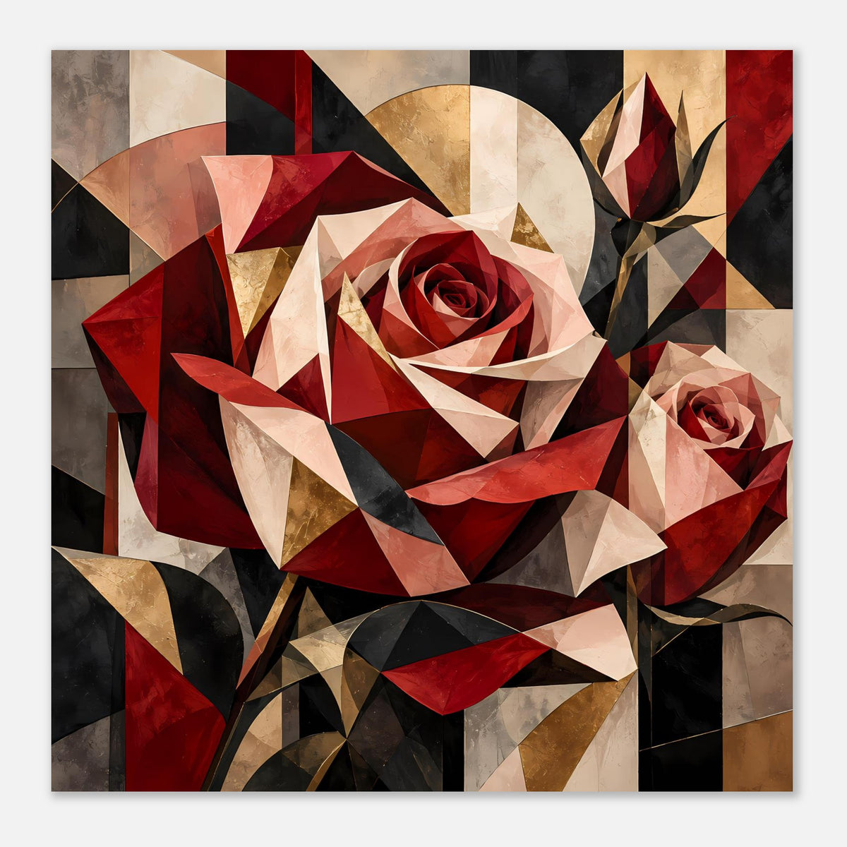 Blumenposter mit geometrischer Rose im Detail, Rot, Gold und Beige