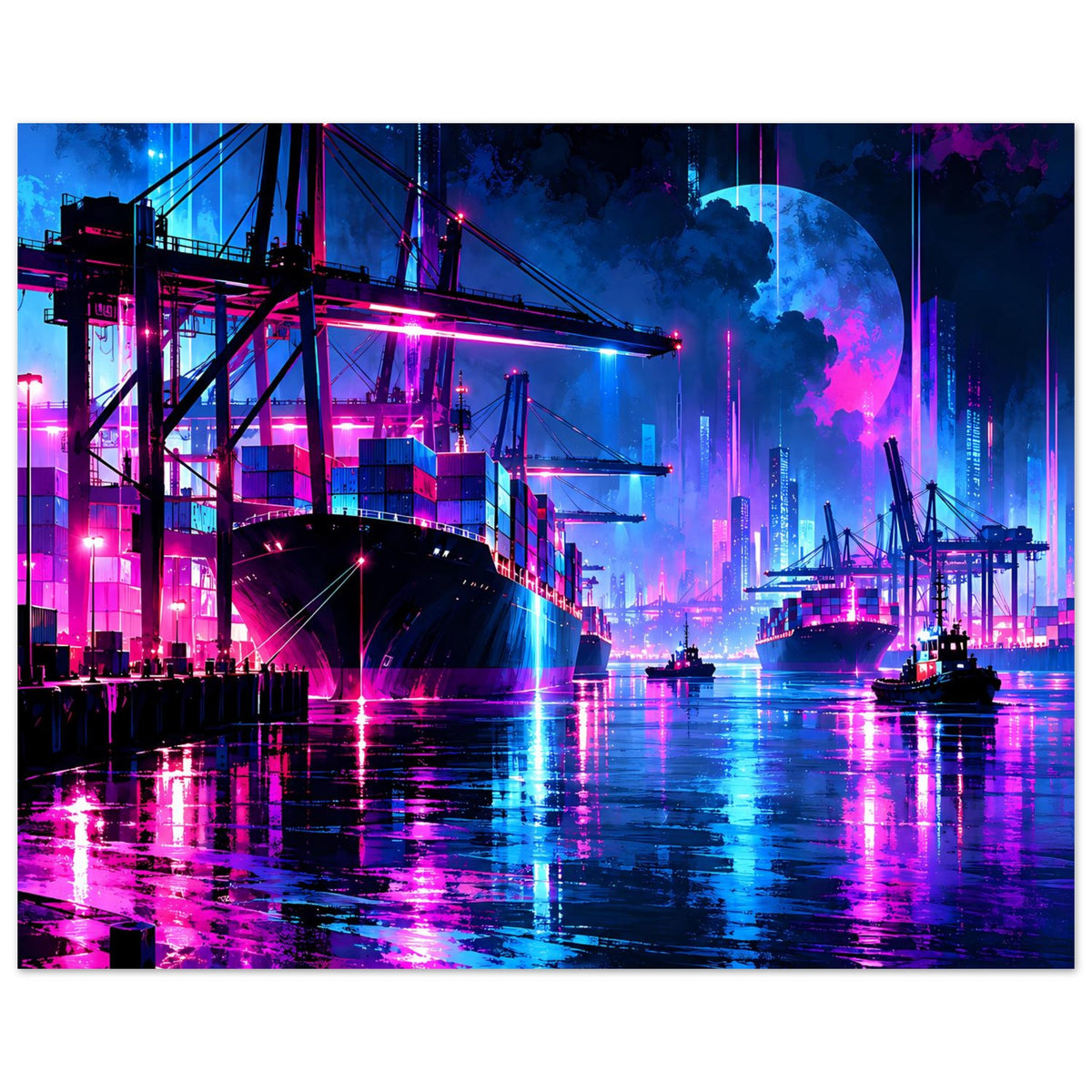 Neonhafen-Poster: Brücke und Hafenkräne in leuchtendem Blau-Pink, reflektiert im nassen Hafen.