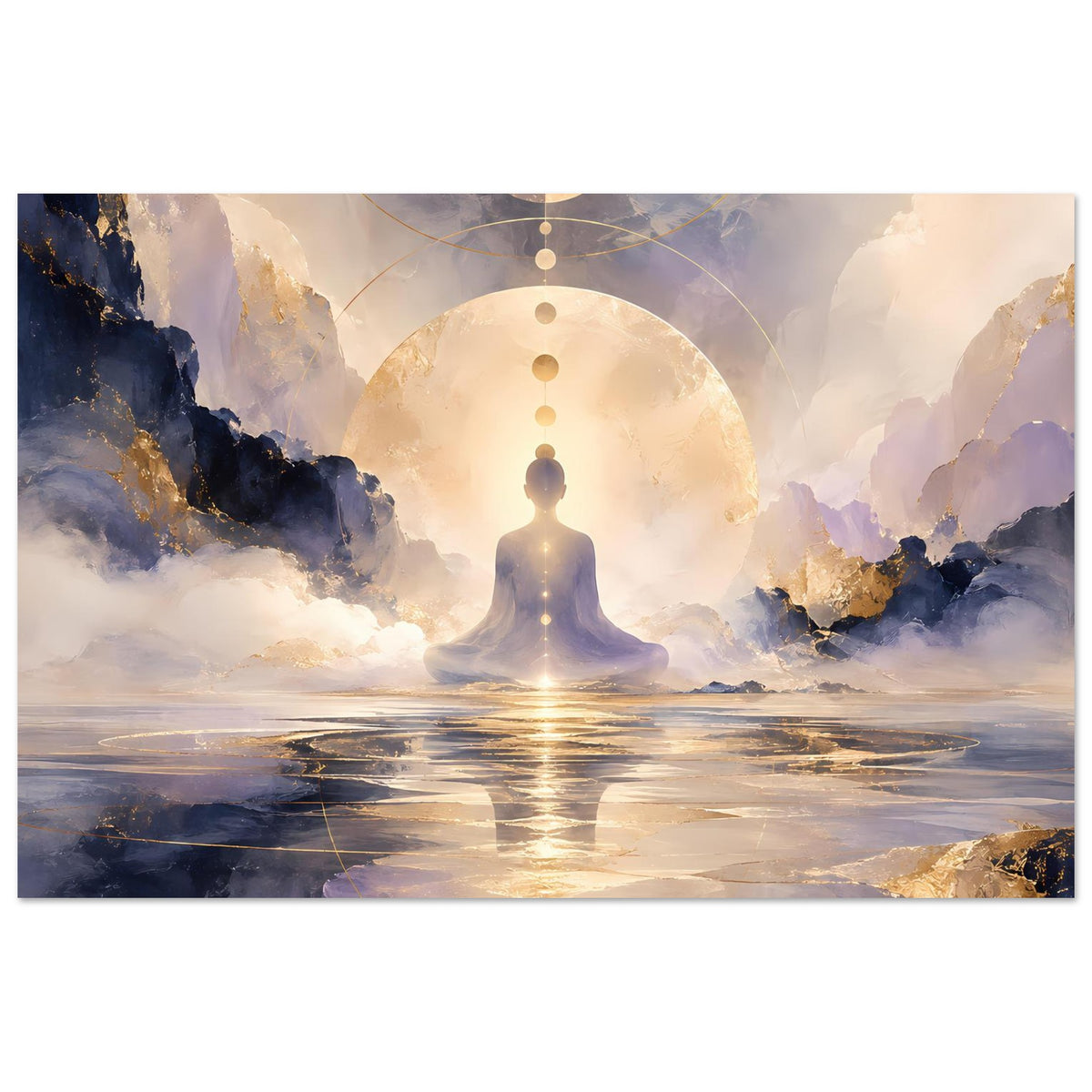 Poster im Querformat: Meditationsfigur vor goldenen Kreisformen und Bergkulisse.