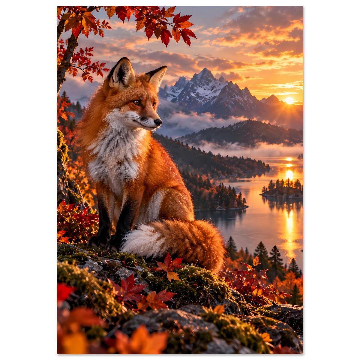 Poster mit rotem Fuchs auf Felsen, Herbstkrone über dem Motiv, See und Sonnenuntergang