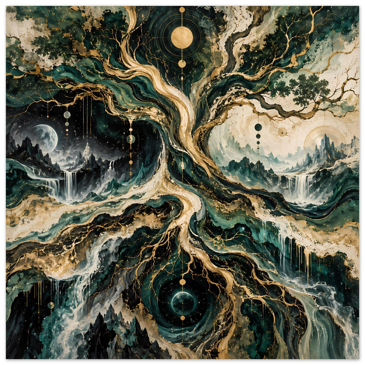 Poster mit kosmischem Baum, dunkelgrünen Wurzeln, Mond und Wasserfall-Details