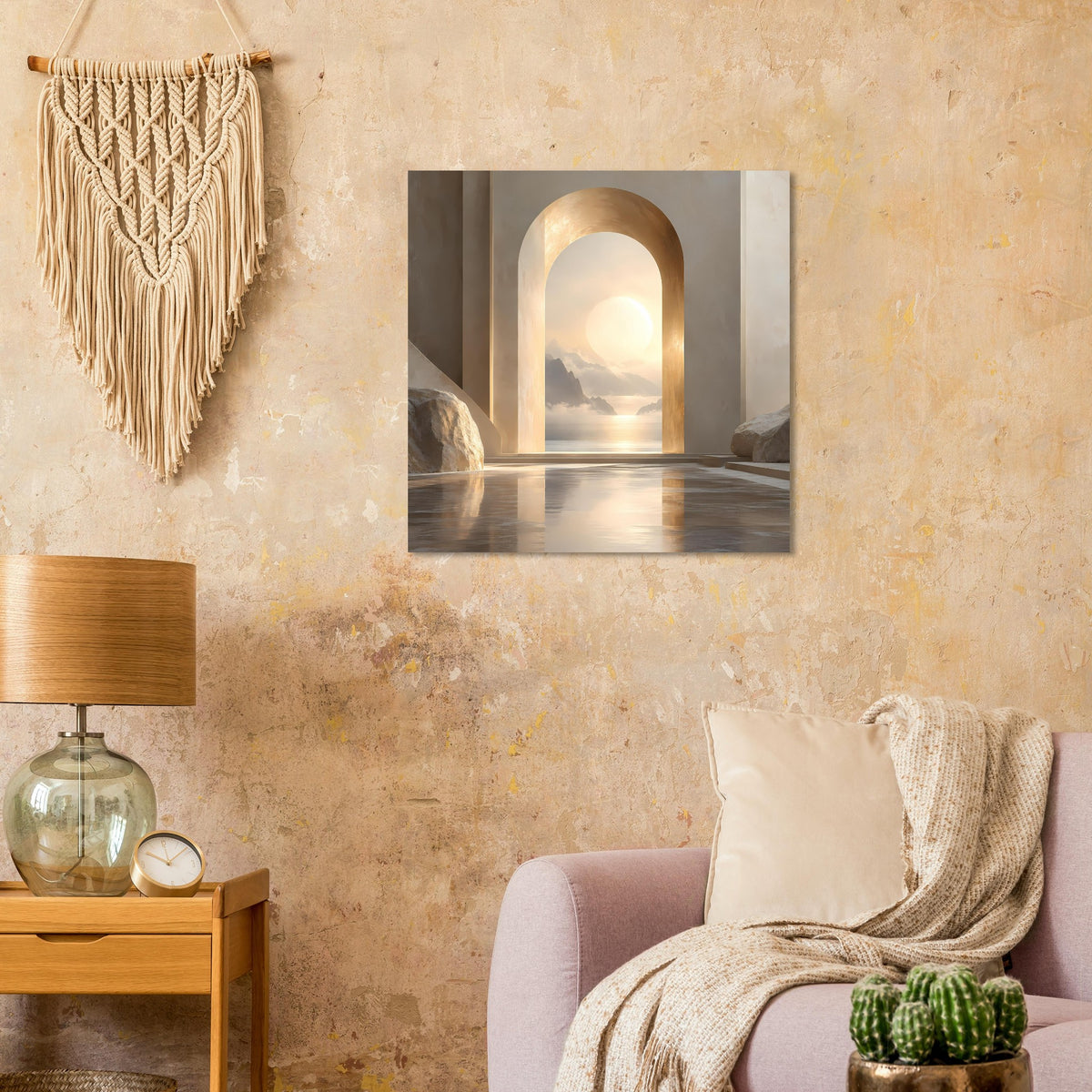 Wandposter mit goldener Toröffnung und Sonnenuntergang am Wasser, weiche Lichtstimmung