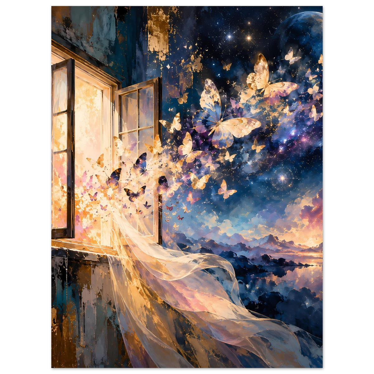 Kunstposter mit Schmetterlingen und Sternenhimmel vor einer beleuchteten Fensterfront