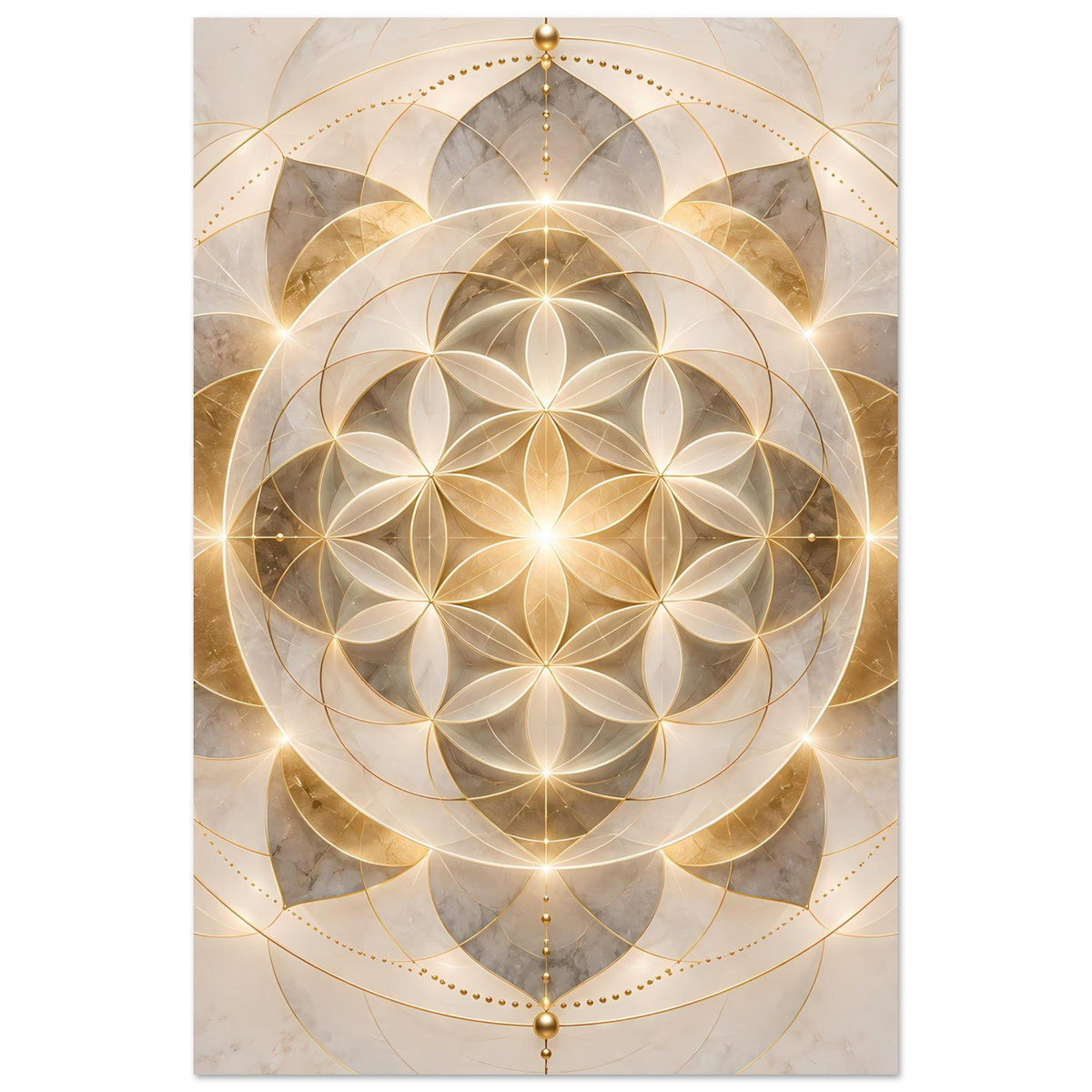 Poster mit goldenem Mandala, kreisförmigem Blütenmuster und Aufhängung oben