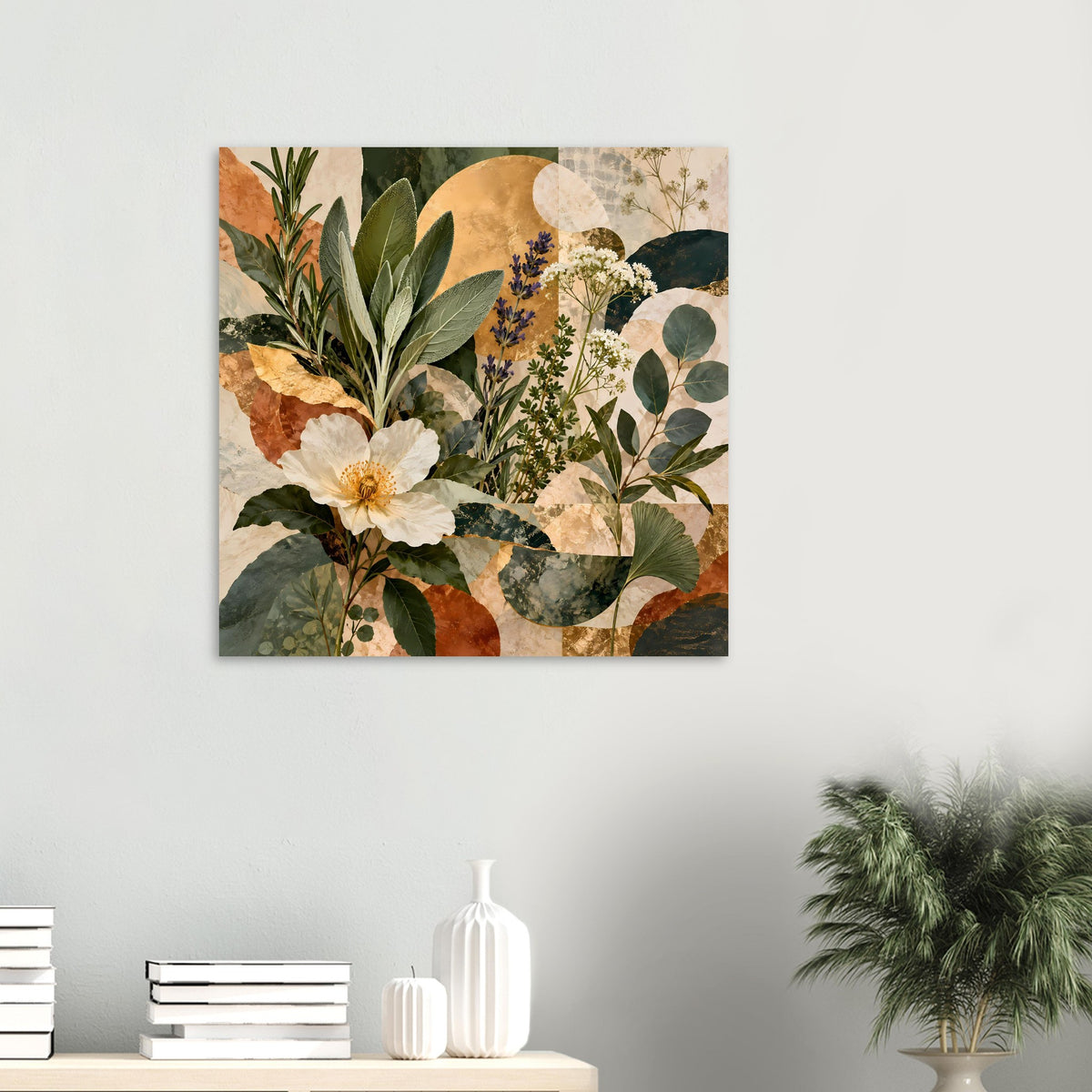 Quadratisches botanisches Poster mit weißer Blüte, blauen Blüten und Laubpflanzen in Erdtönen