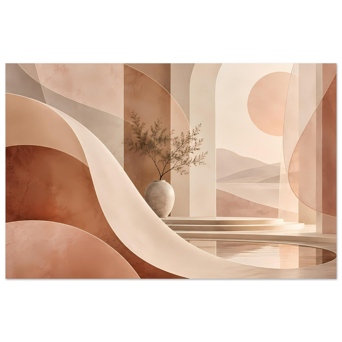 Abstraktes Poster, geschwungene Torbögen in Beige und Braun mit Pflanze in Vase