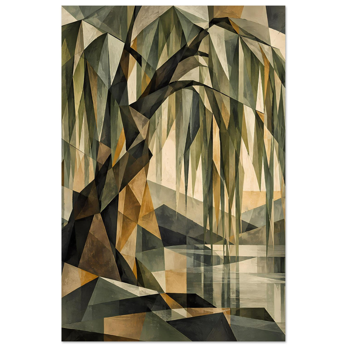 Wandposter im Hochformat mit geometrischem Baummotiv, erdige Beige-, Grün- und Braunnuancen
