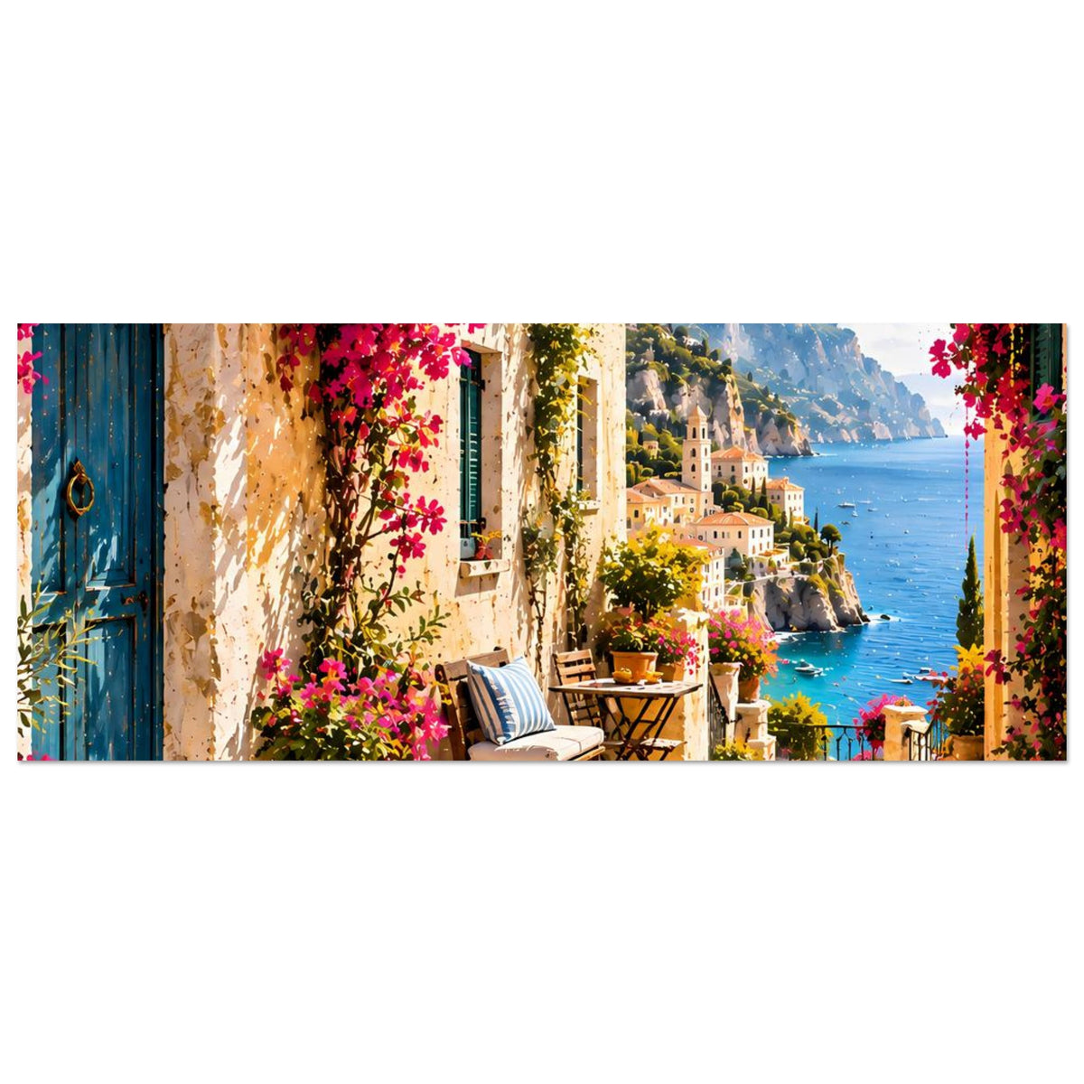 Breites Poster mit mediterraner Küstenpassage, pinken Blüten und Blick auf das Meer