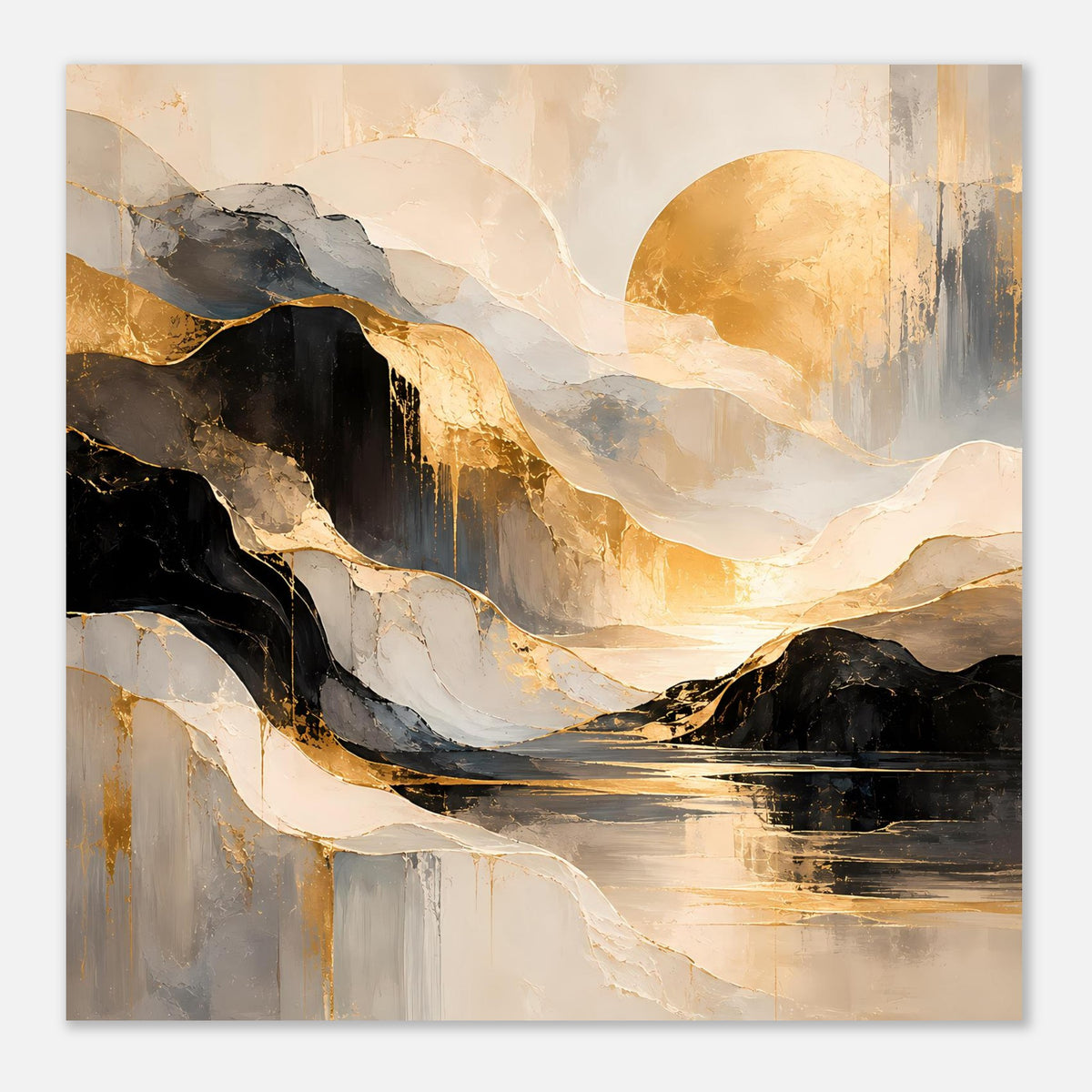Abstraktes Kunstposter im Breitformat: goldene Bergeoptik, schwarze Flächen und helle Übergänge