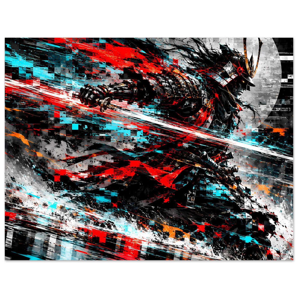Querformat-Actionposter mit Samurai-Motiv, starke Rot- und Cyan-Kontraste, abstrakt