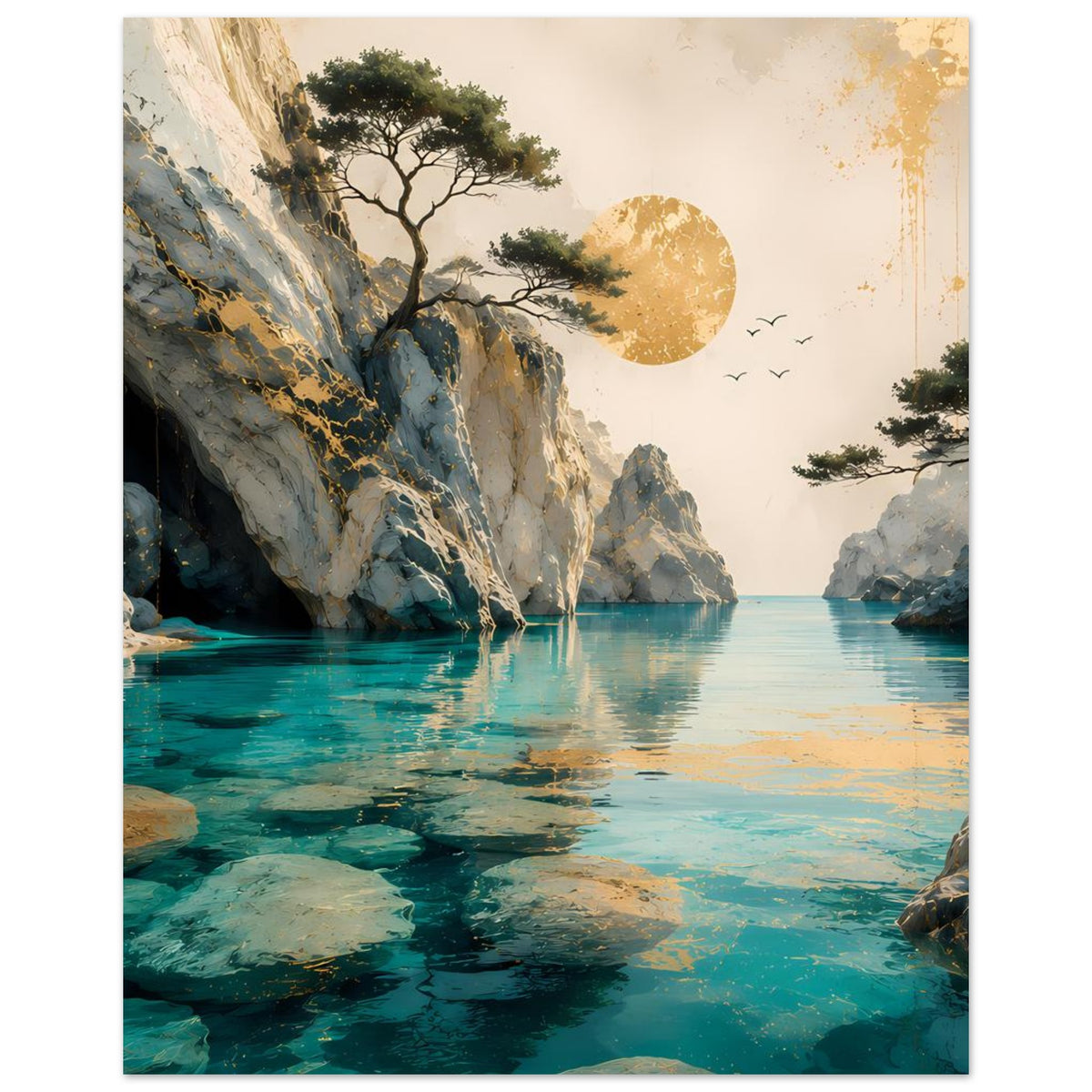 Poster mit Küstenlandschaft: Felsklippen, Teichwasser in Türkis, goldene Sonne und Vögel