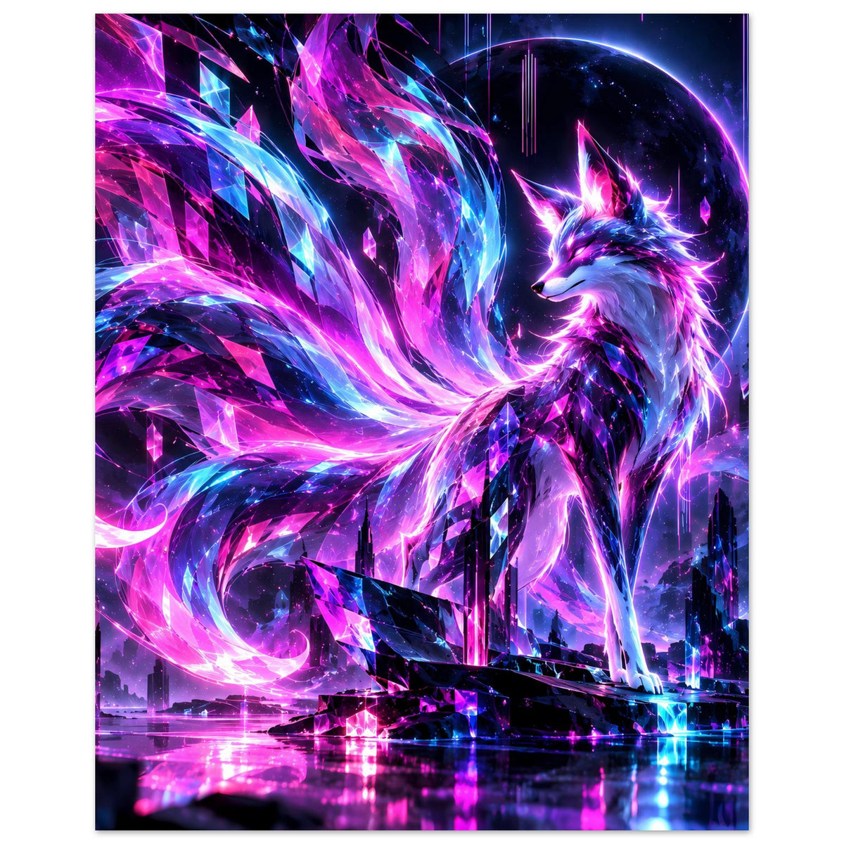 Neon-Fantasy-Poster im Hochformat: leuchtender Fuchs mit violett-blauen Kristalllichtern und Skyline