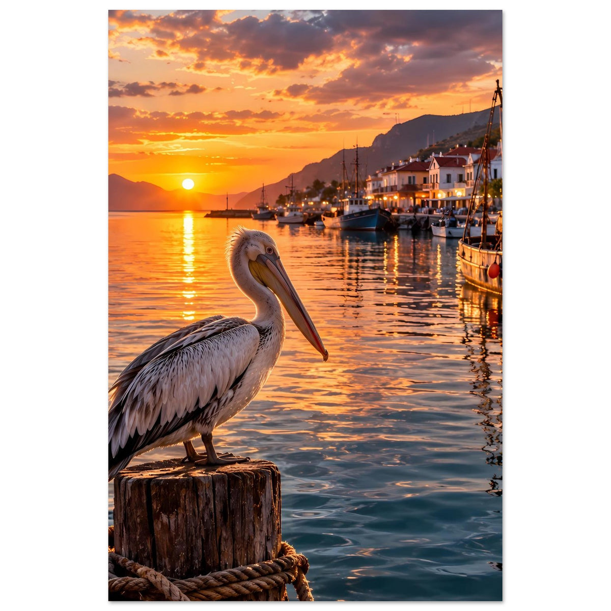Kunstposter: Pelikan auf Holzpfahl am Hafen bei goldenem Sonnenuntergang, ruhige Wasserreflexe
