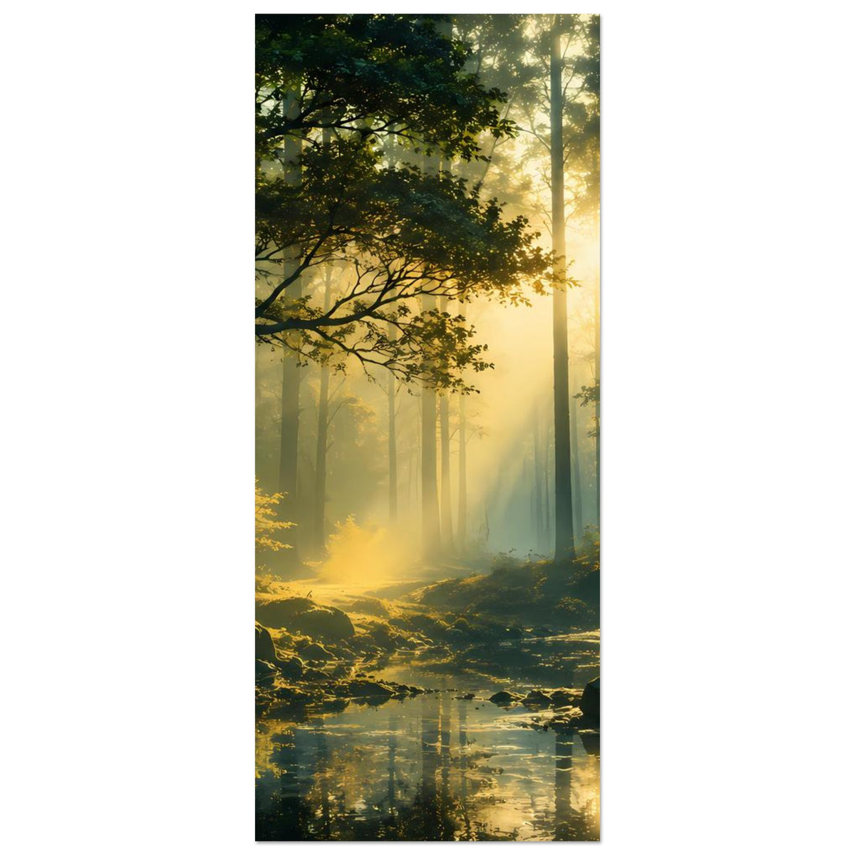 Wandposter Hochformat mit Wald bei Sonnenaufgang, Lichtstrahlen und Bachlauf