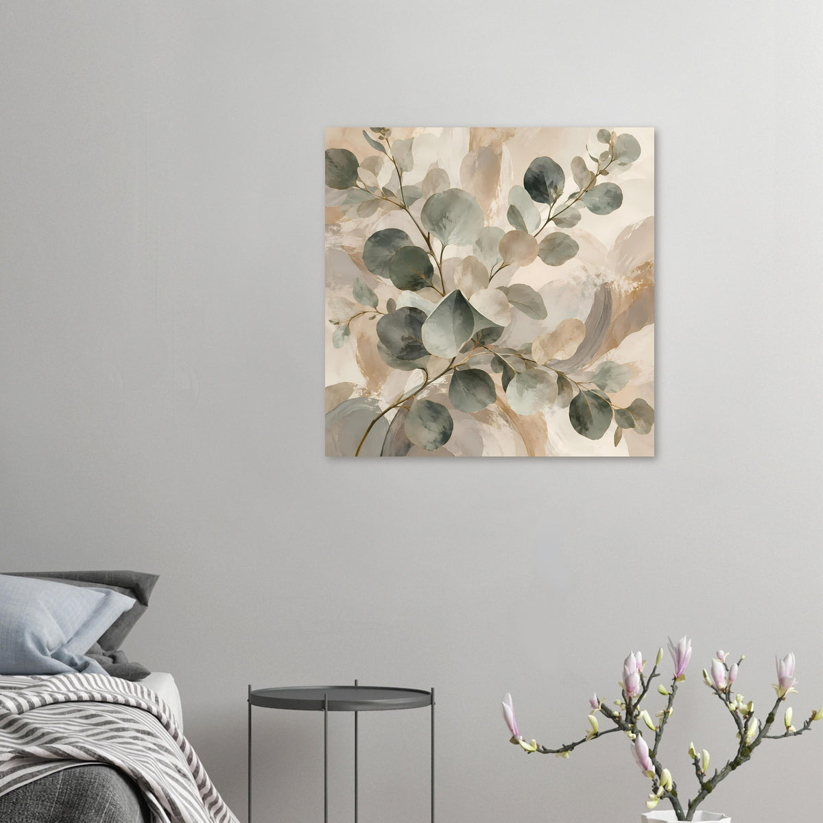 Wandposter mit botanischem Aquarellmotiv: Eukalyptusblätter in Salbeigrün und Beige