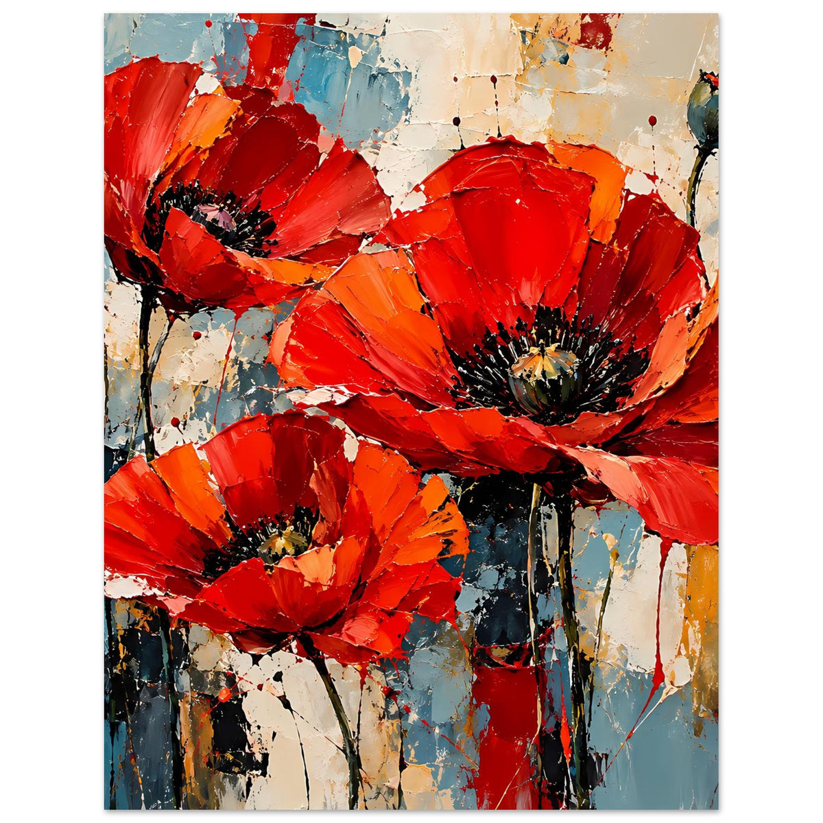 Abstraktes Poster mit roten Mohnblumen auf mattem Premiumpapier, vertikal, vollständige Szene
