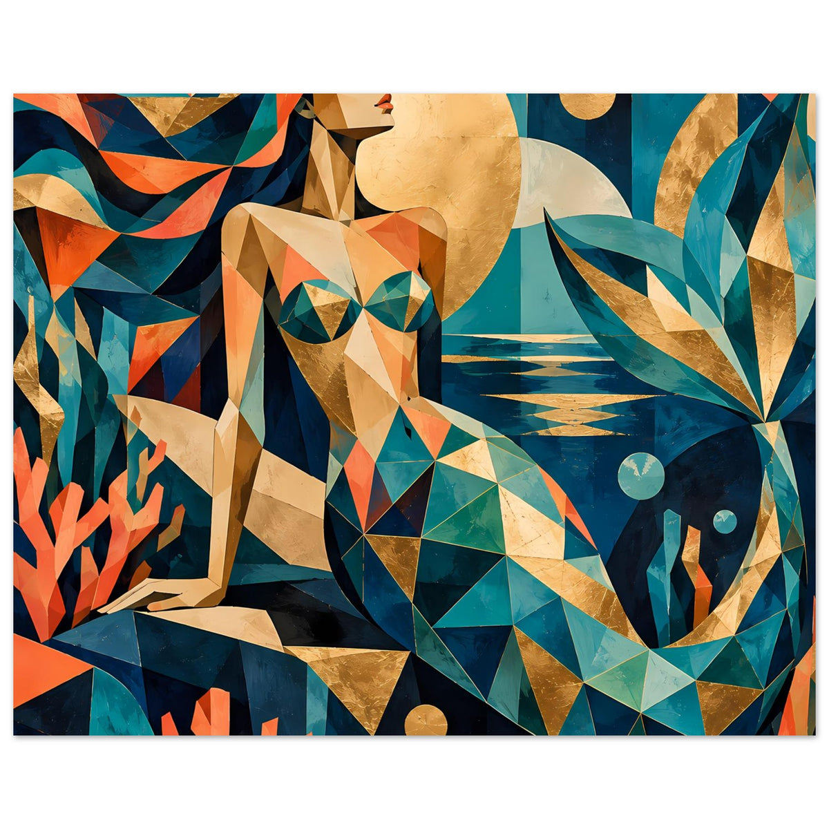 Geometrisches Meerjungfrauen-Kunstposter, Fokus auf Oberkörper und Flossen, Türkis- und Goldtöne