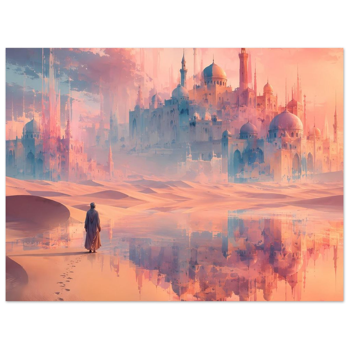 Wandposter mit Palastanlage und Wüstendünen, gehende Person am Wasser, spiegelnde Fläche