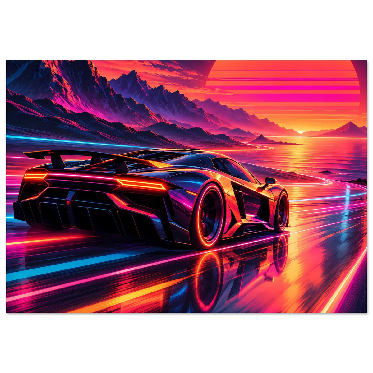 Breites Poster: Neon-Supercar mit Frontlichtern, dunklem Unterboden und farbigen Spuren