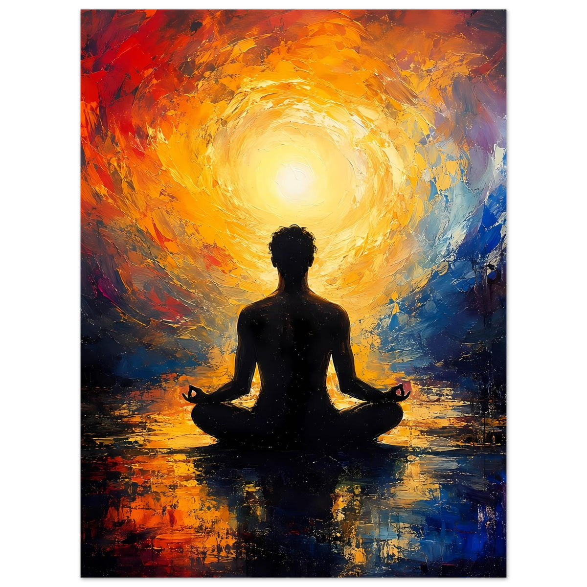 Zen-Poster: schwarze Meditierende Figur mit leuchtendem gelbem Ring und farbigem Hintergrund