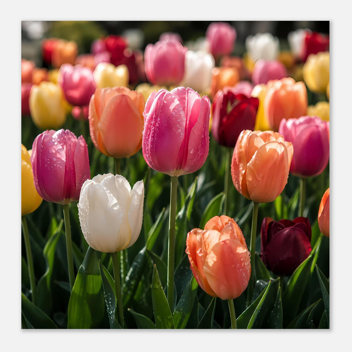 Poster mit bunten Tulpenblüten in Pink, Orange und Weiß, breiter Bildausschnitt