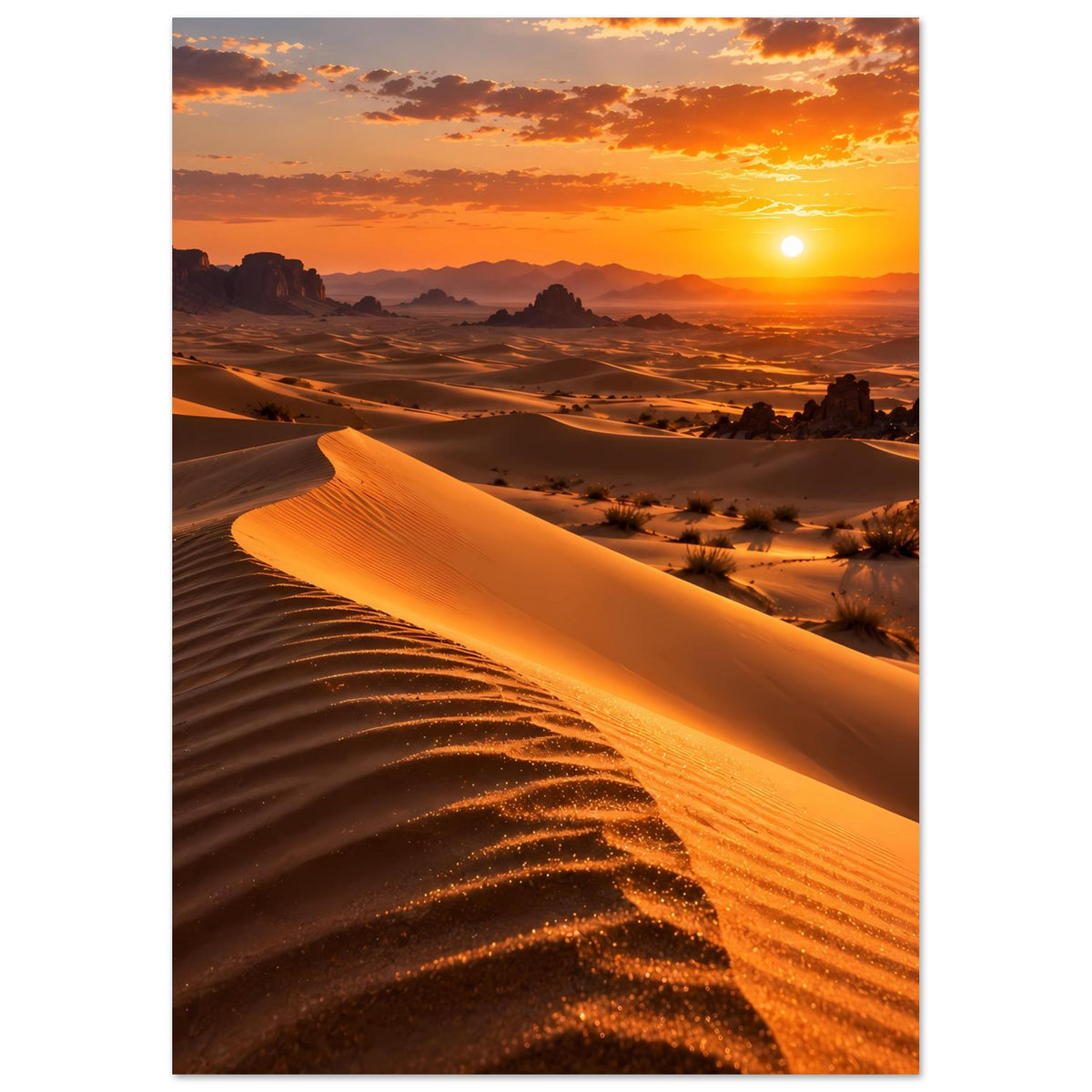Wüstenposter im Hochformat mit Dünenbogen, untergehender Sonne und Wolken am Horizont