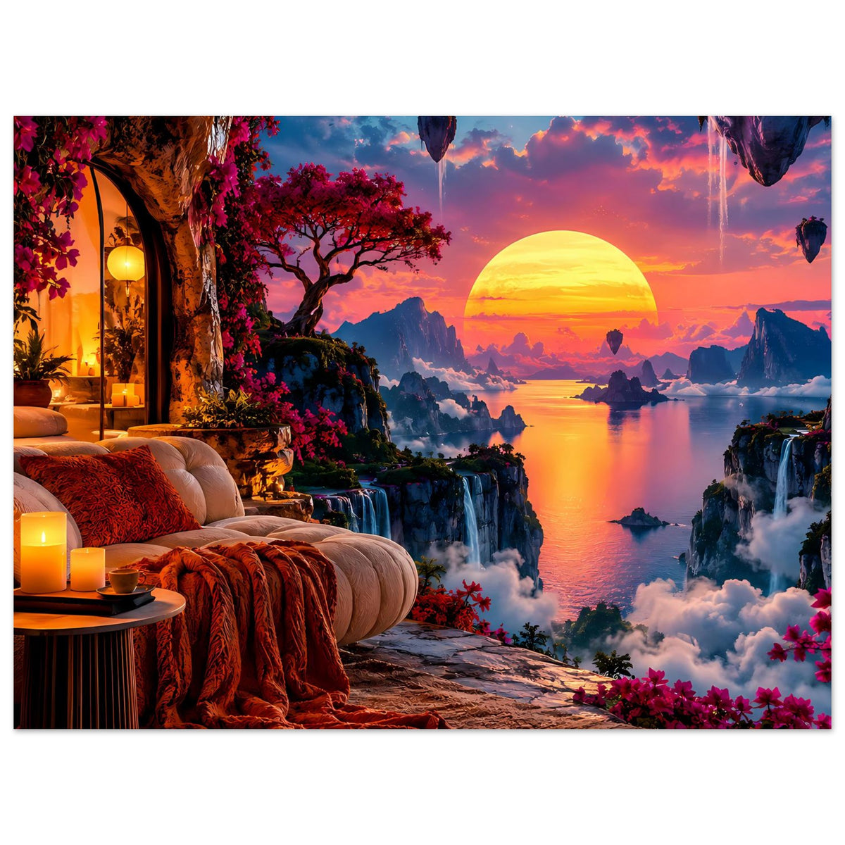 Poster: surreale Landschaft mit Sonne über Fluss, Wasserfällen, Wolken und lila Blüten.