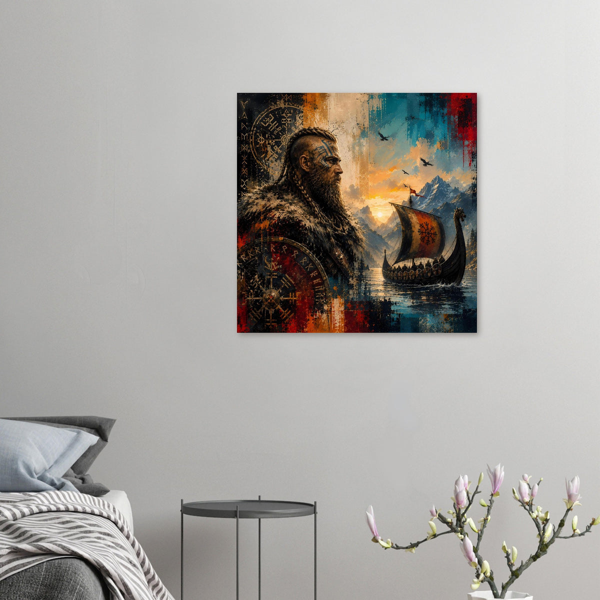 Wikinger-Saga-Poster: bärtiger Krieger im Profil, Runen und Langschiff bei Sonnenuntergang