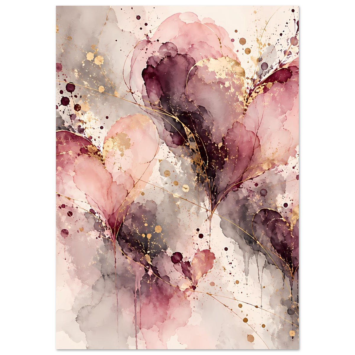Poster mit abstrakten Herzformen in Rosa und Violett, goldener Sprenkel-Optik, vertikal.