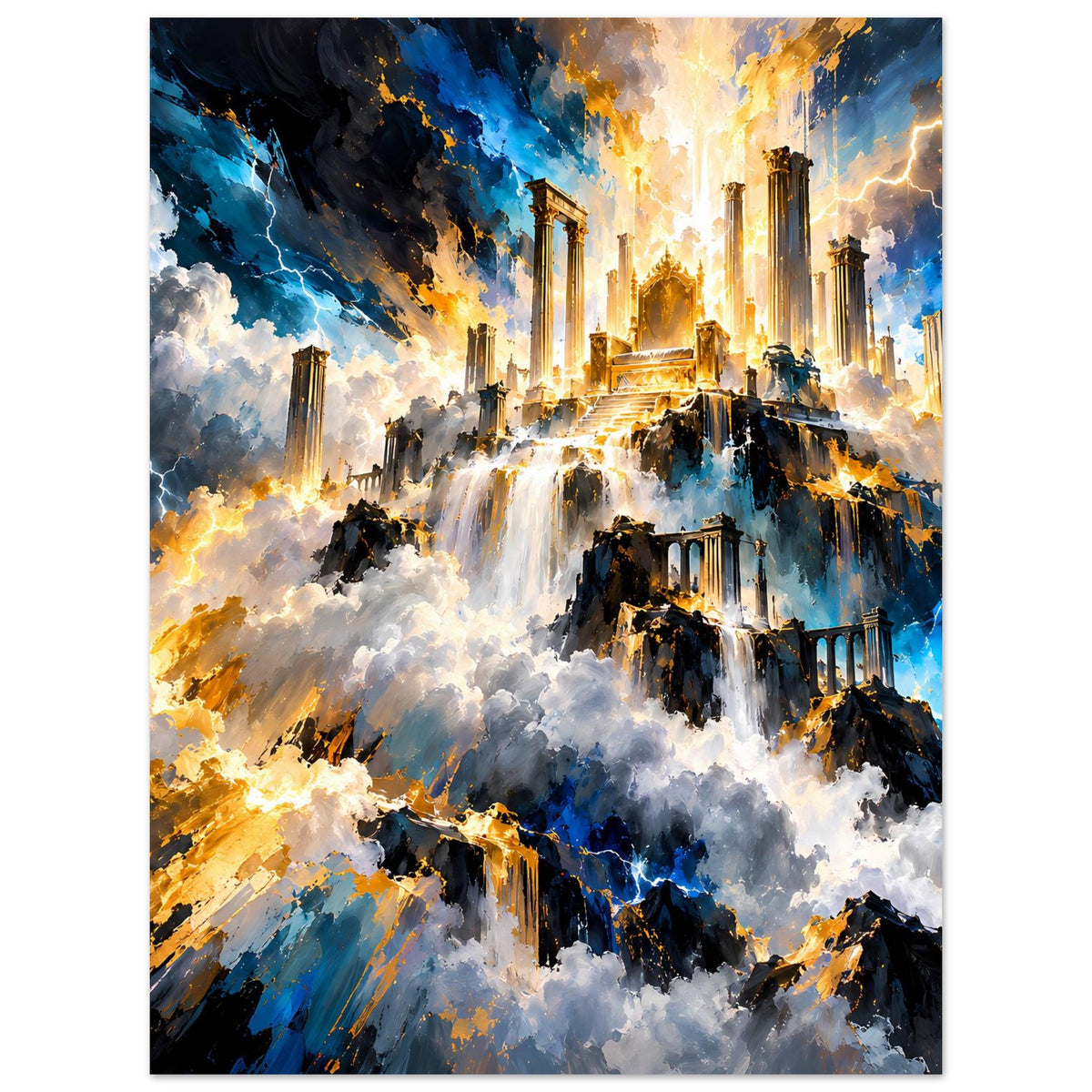 Fantasy-Poster mit goldener Lichtsäule, blauen Wolken und ruinenartigen Türmen, hochformat