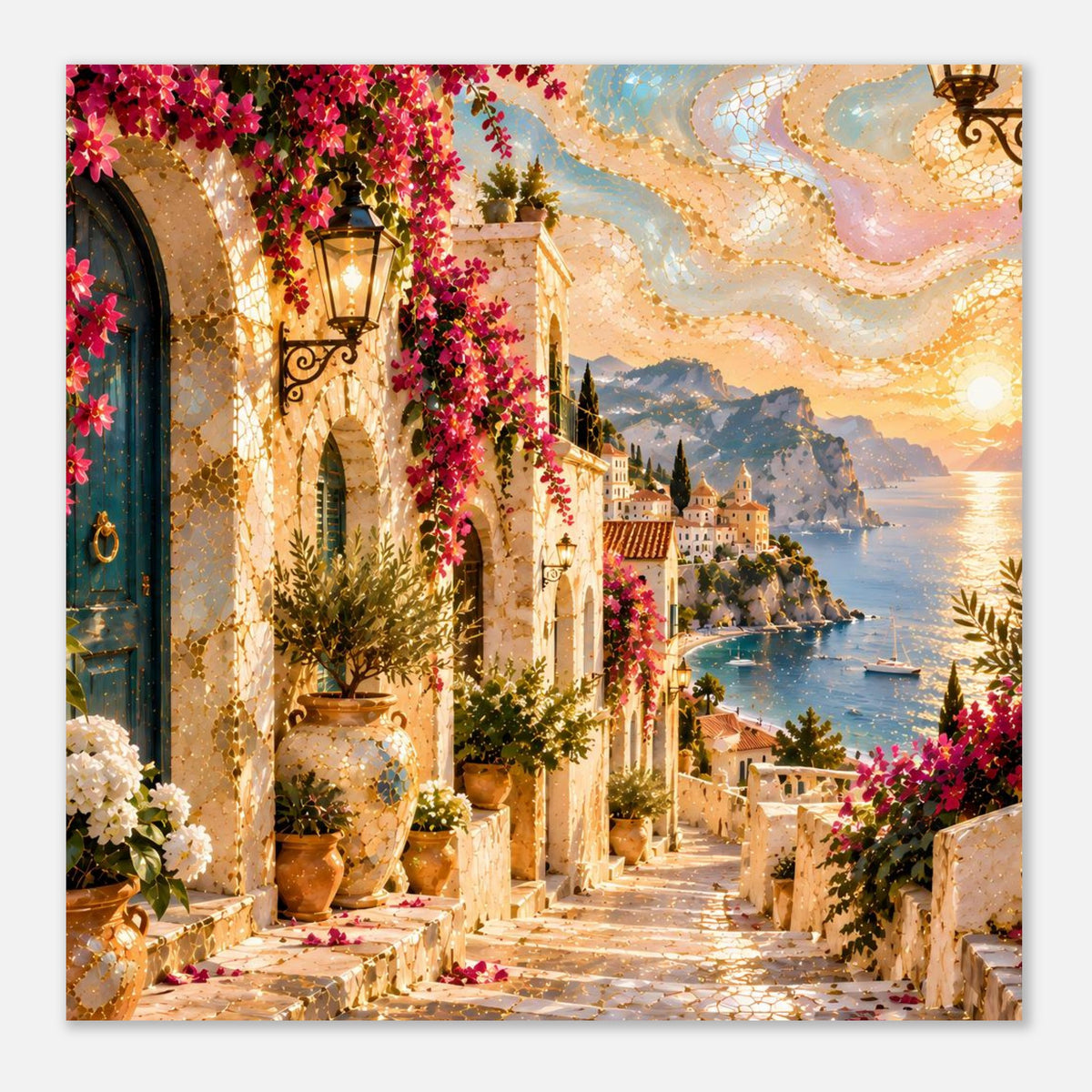 Poster im quadratischen Format: mediterrane Treppe, Laternen, rote Blüten, Meer und Berge