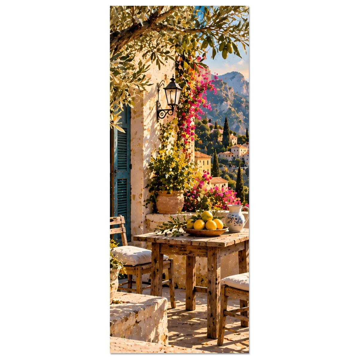 Vertikales Poster mit Blumenwand, Laterne, Holztisch und Meerblick