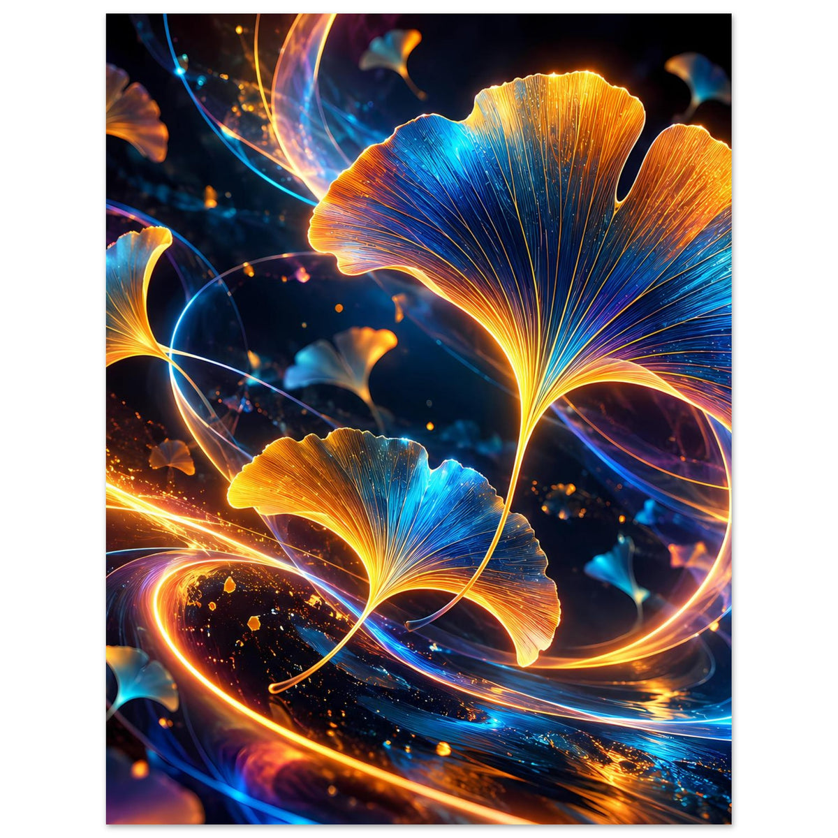 Botanisches Poster mit großem Ginkgo-Blatt in Blau und Gold und gold-blauen Lichtspuren