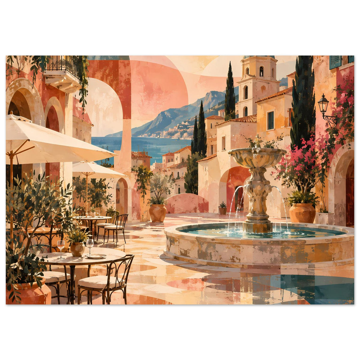 Mediterranes Poster mit Terrassenbereich, Brunnen und Bergkulisse in warmen Pastelltönen