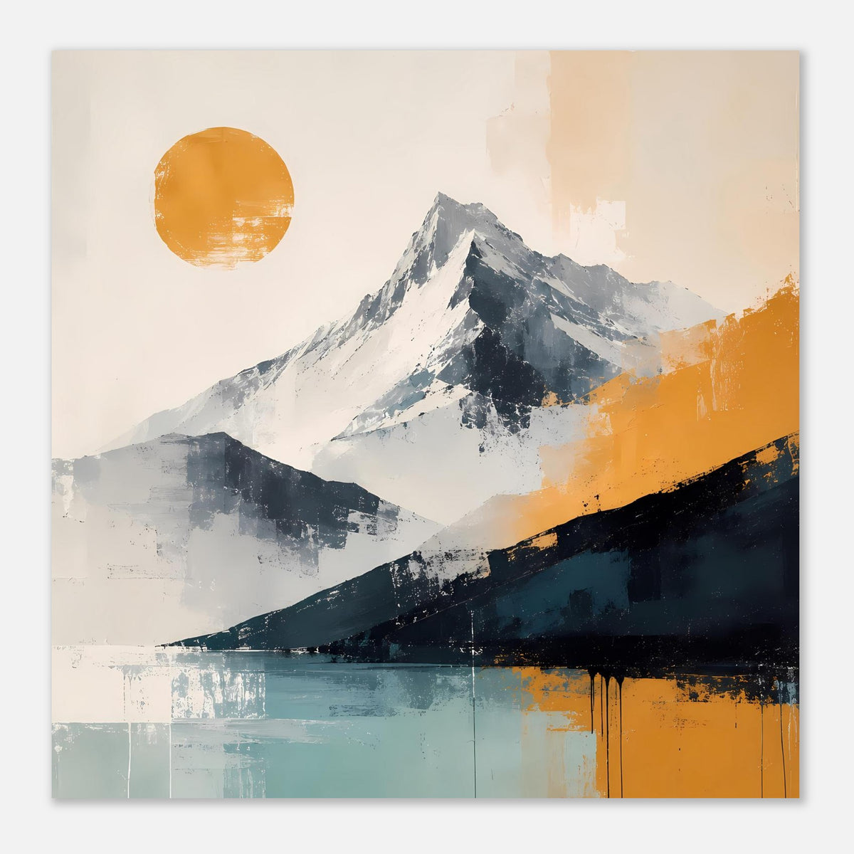 Abstrakter Berglandschaftsdruck mit Sonnenkreis, Gebirge in Blau-Grau und türkis/orangefarbenem Vordergrund
