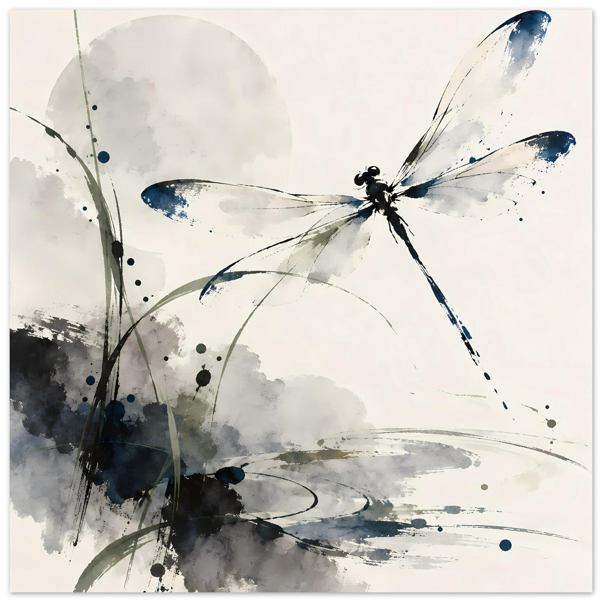 Aquarell-Poster mit Libelle in Blau und Grau, Spritzdekor und grauen Pinselzügen