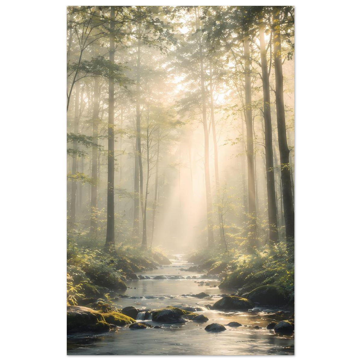 Naturposter mit Sonnenstrahlen im Nebelwald und ruhigem Bach zwischen Felsbrocken