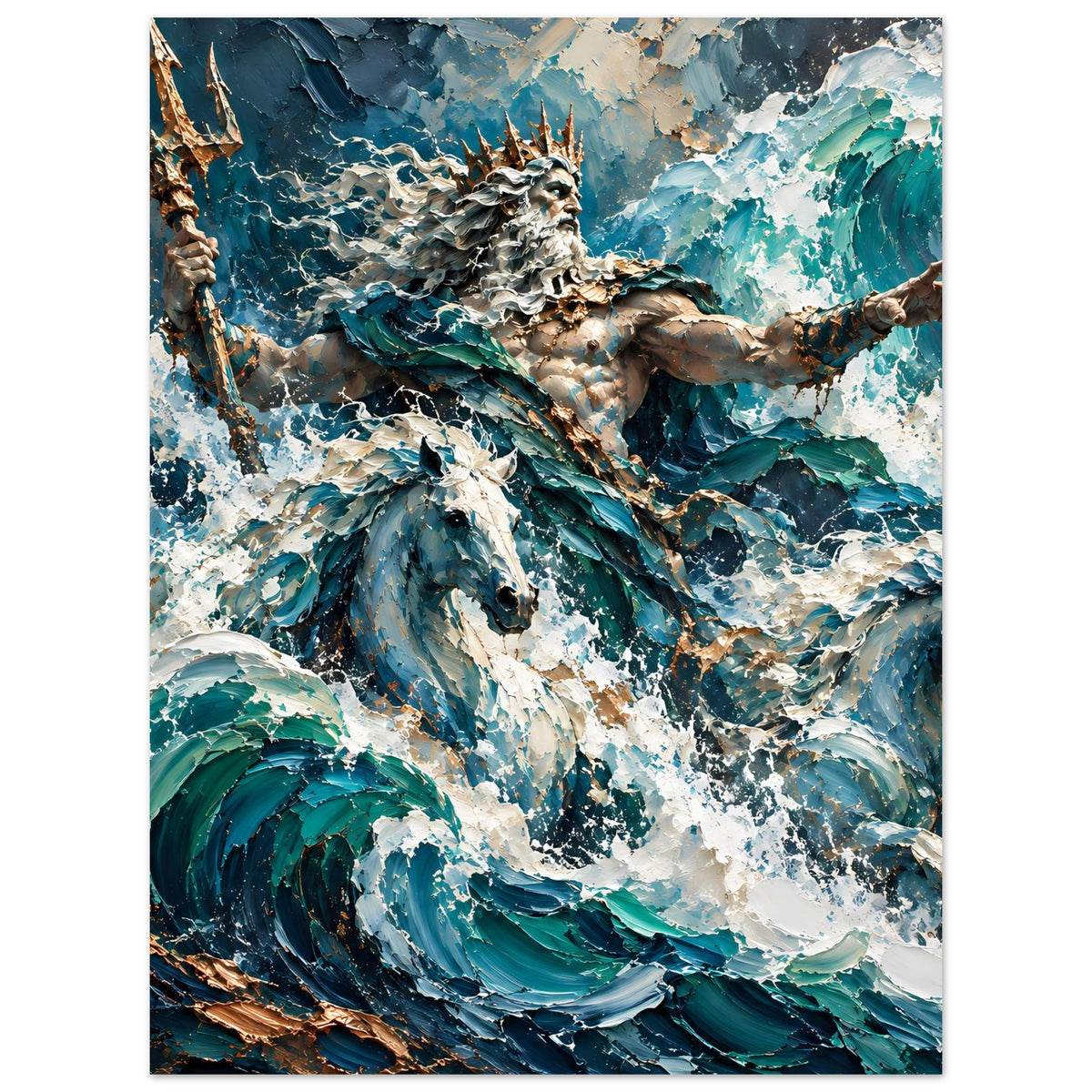 Poster mit Neptun im Meer: Dreizack und ausgebreitete Arme in blauen, schäumenden Wellen