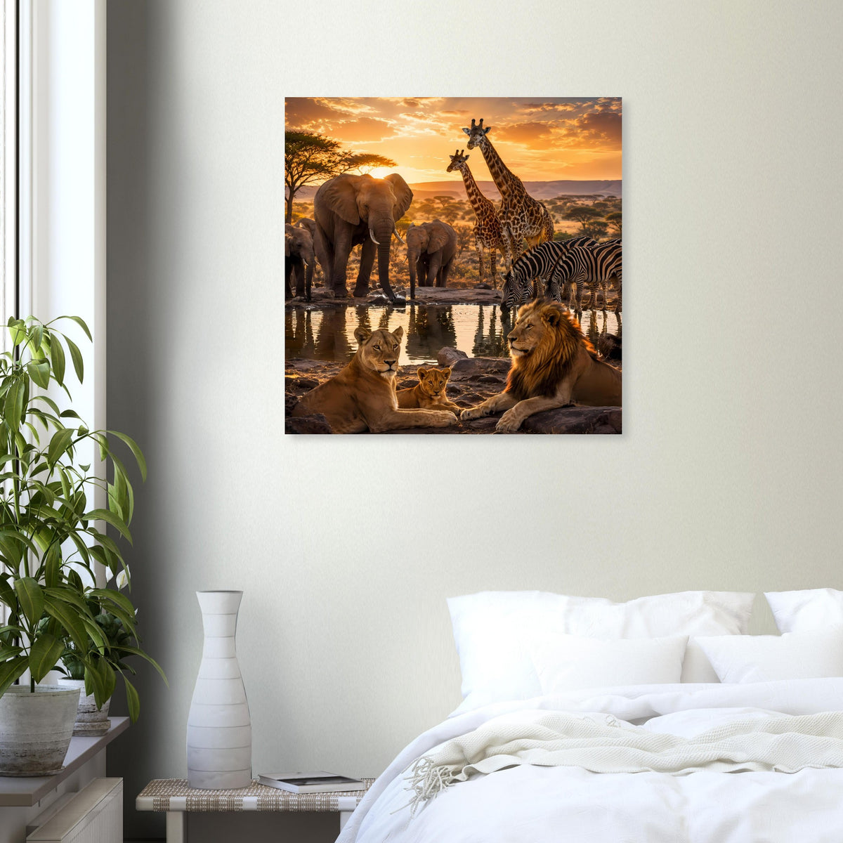 Poster mit afrikanischer Tiergruppe zur Dämmerung: Elefanten, Giraffe, Zebra, Löwe