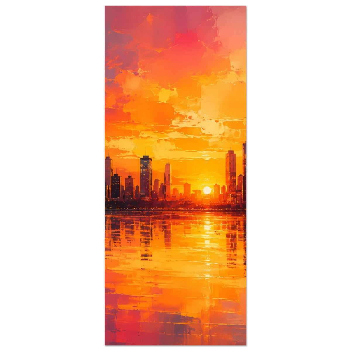 Schmales Hochkant-Poster mit Skyline-Silhouette, Sonnenuntergang und Wasserspiegelung