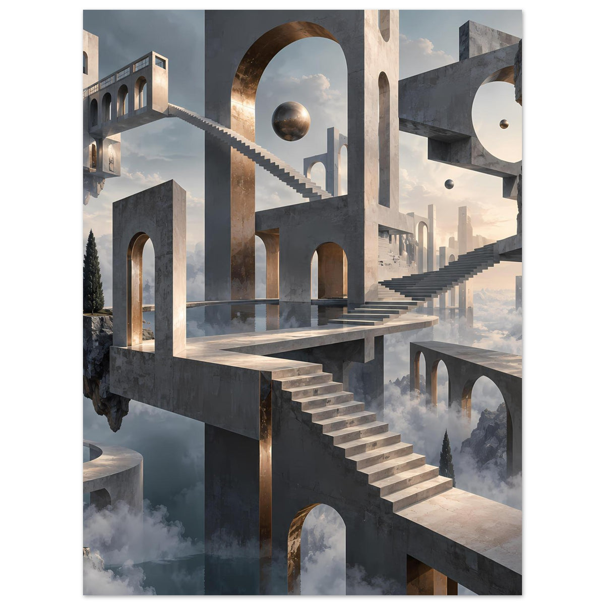 Architekturposter mit Treppenflucht und Torbögen, goldener Bogenöffnung und Kugel
