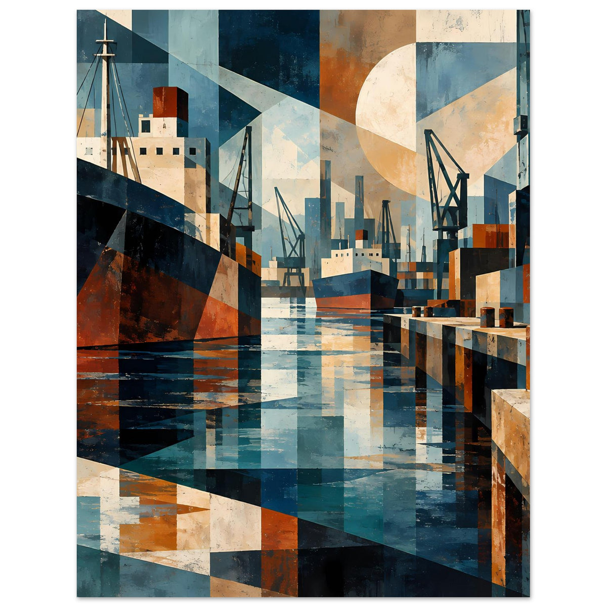 Geometrisches Hafenposter mit Hafenbecken, Docks und Kranen in Blau, Braun und Beige